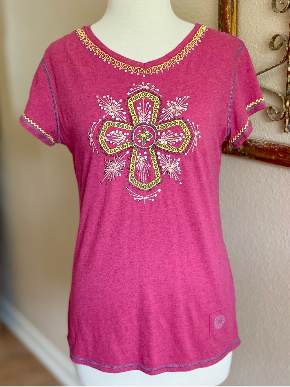 Top / Tee - Double D Ranch - Cross - Pink - Embroidered & Sequin Detail - Large